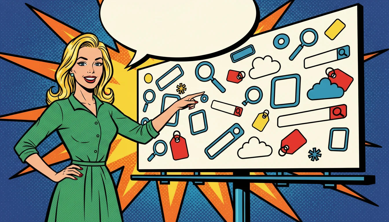 Sassy blonde points to keyword-crammed billboard, nailing what makes SEO page titles rank-hungry in 2026.