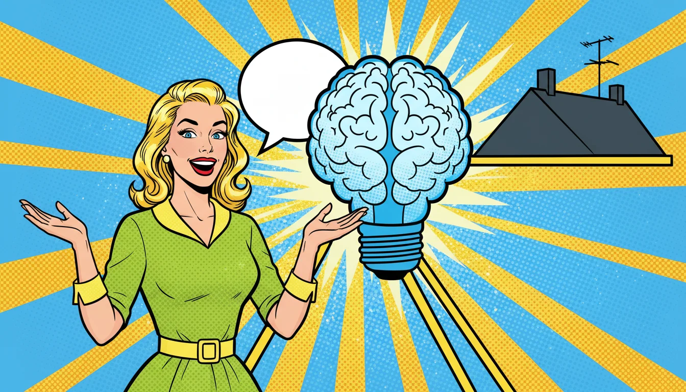Excited blonde explains AEO magic with AI brain lightbulb and roof, key for roofers in 2026 searches.