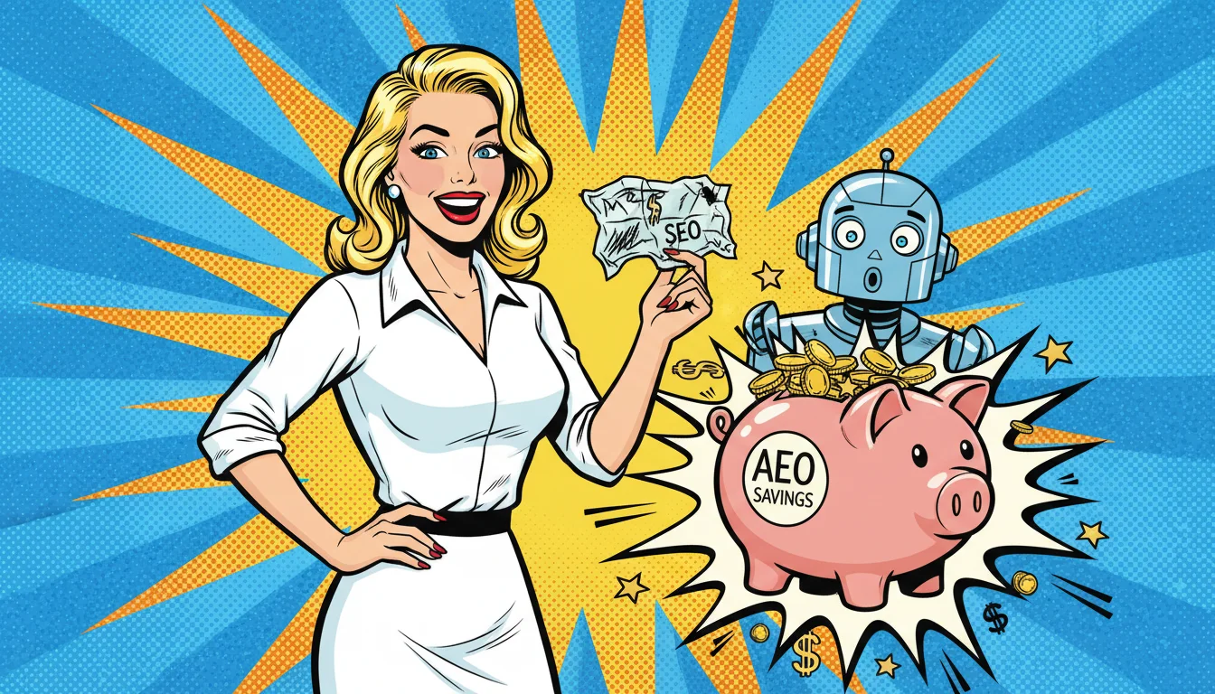 Blonde bombshell ditches pricey SEO bill for overflowing AEO piggy bank, with AI bot cheering—smart savings ahead!
