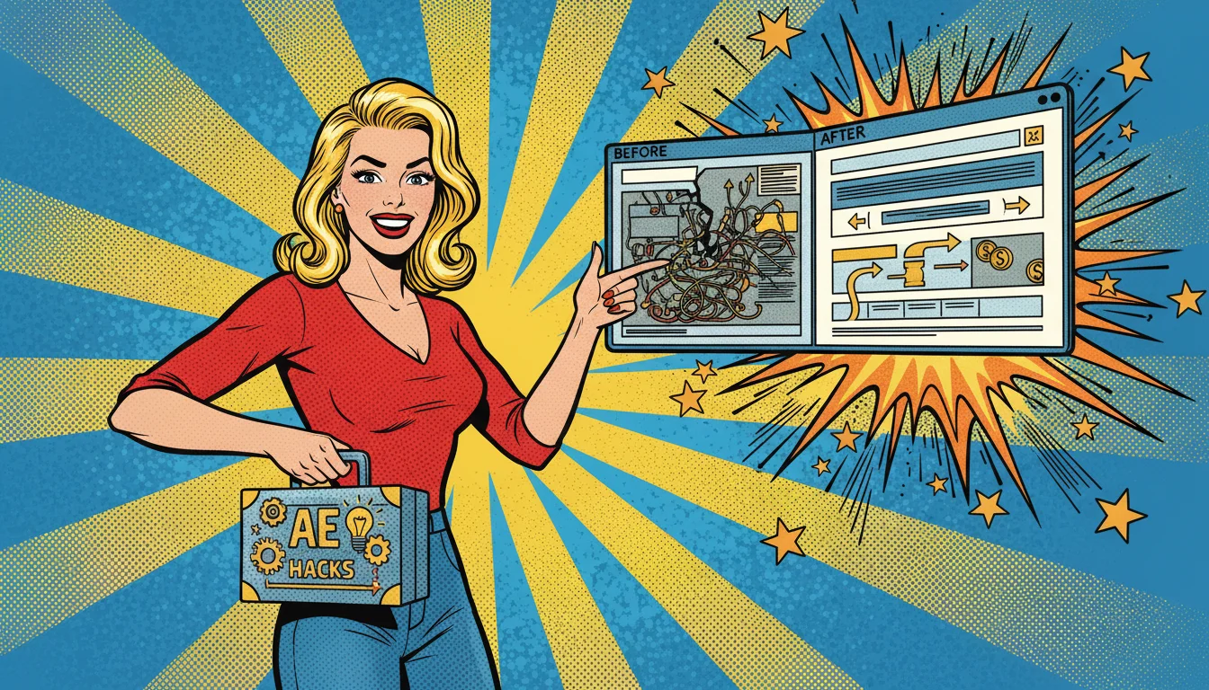 A smiling retro pop art woman holds an 'AEO Hacks' briefcase, pointing to a 'Before & After' screen showing messy wires,