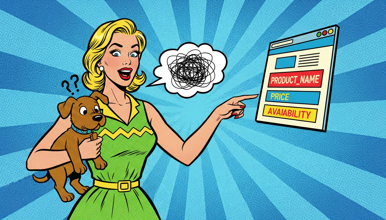 Blonde gal reins in a goofy puppy while labeling her website—structured data clears up AEO confusion fast!