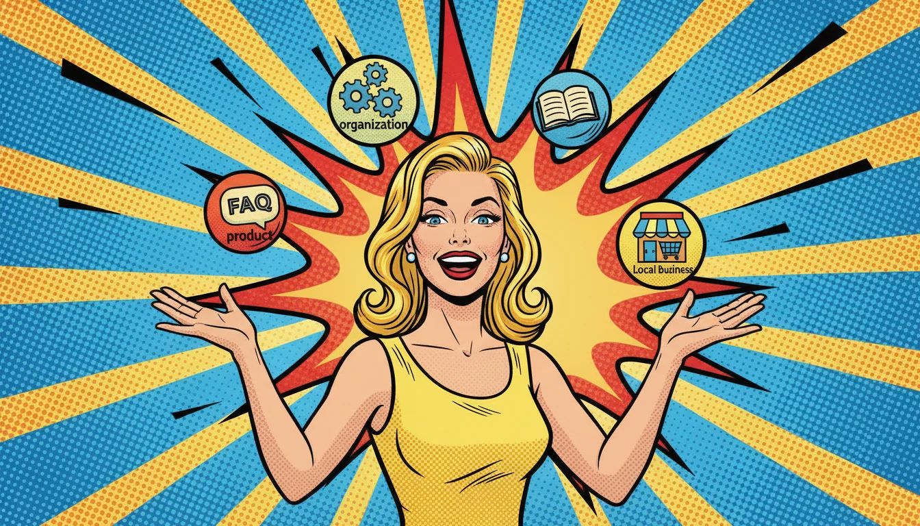 Blonde juggler masterfully handles essential schema types—organization, FAQ, and more for killer AEO!