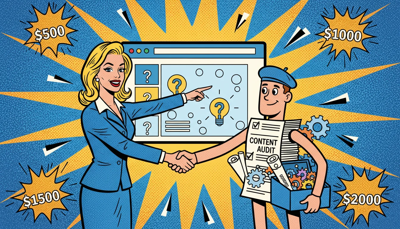 Blonde pro teams up with freelancer for AEO boost, shaking hands over toolkit and glowing website—quick $500 fix!