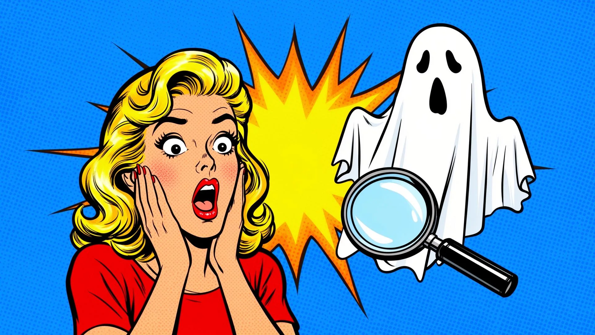Pop art woman with wide eyes and open mouth, shocked by a ghost and magnifying glass. Your website might be a ghost in the
