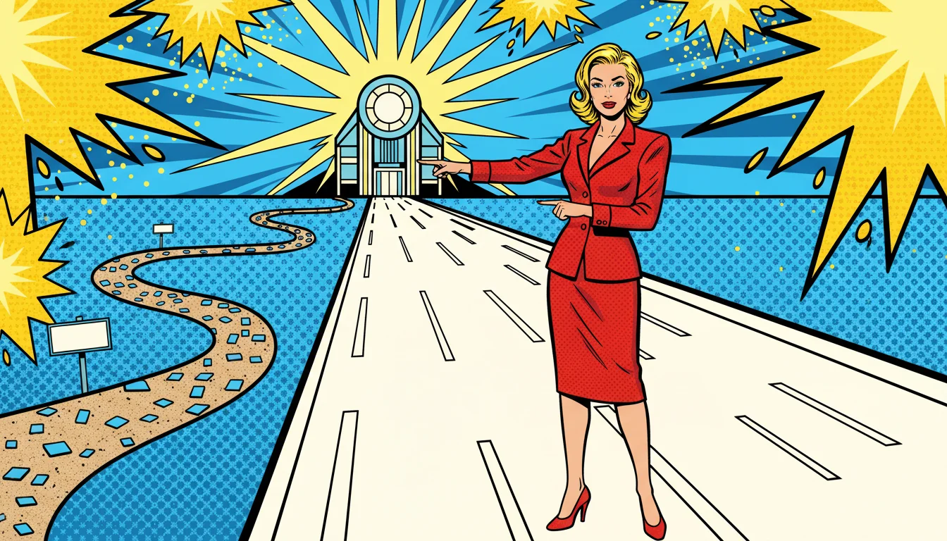 Blonde woman pointing to two paths: 'Old Search' (cluttered links) and 'AI Answers' (direct route), illustrating the shift in