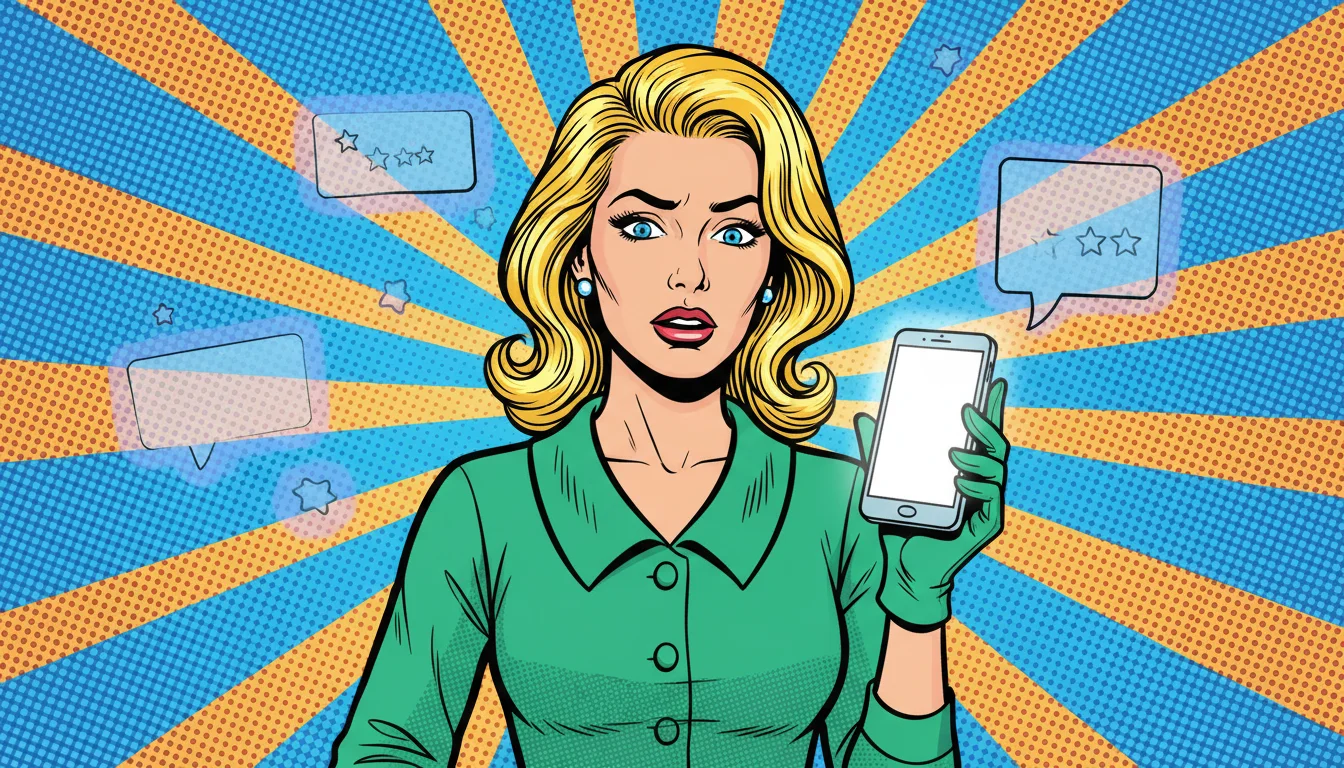 Confused blonde woman holding a phone with no search results, while '5-star reviews' and 'strong website' symbols float past