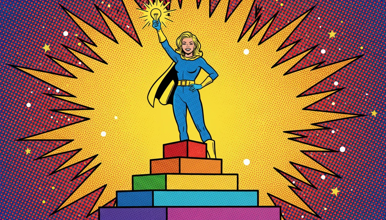 Confident blonde woman standing on a five-tiered 'Pillars of AEO' pyramid, holding a glowing lightbulb.