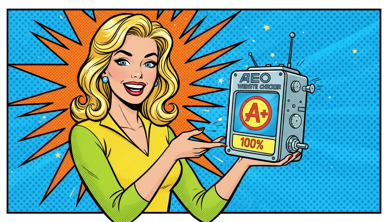 Smiling blonde woman holding an 'AEO Website Checker' device displaying a perfect score, suggesting an easy solution.