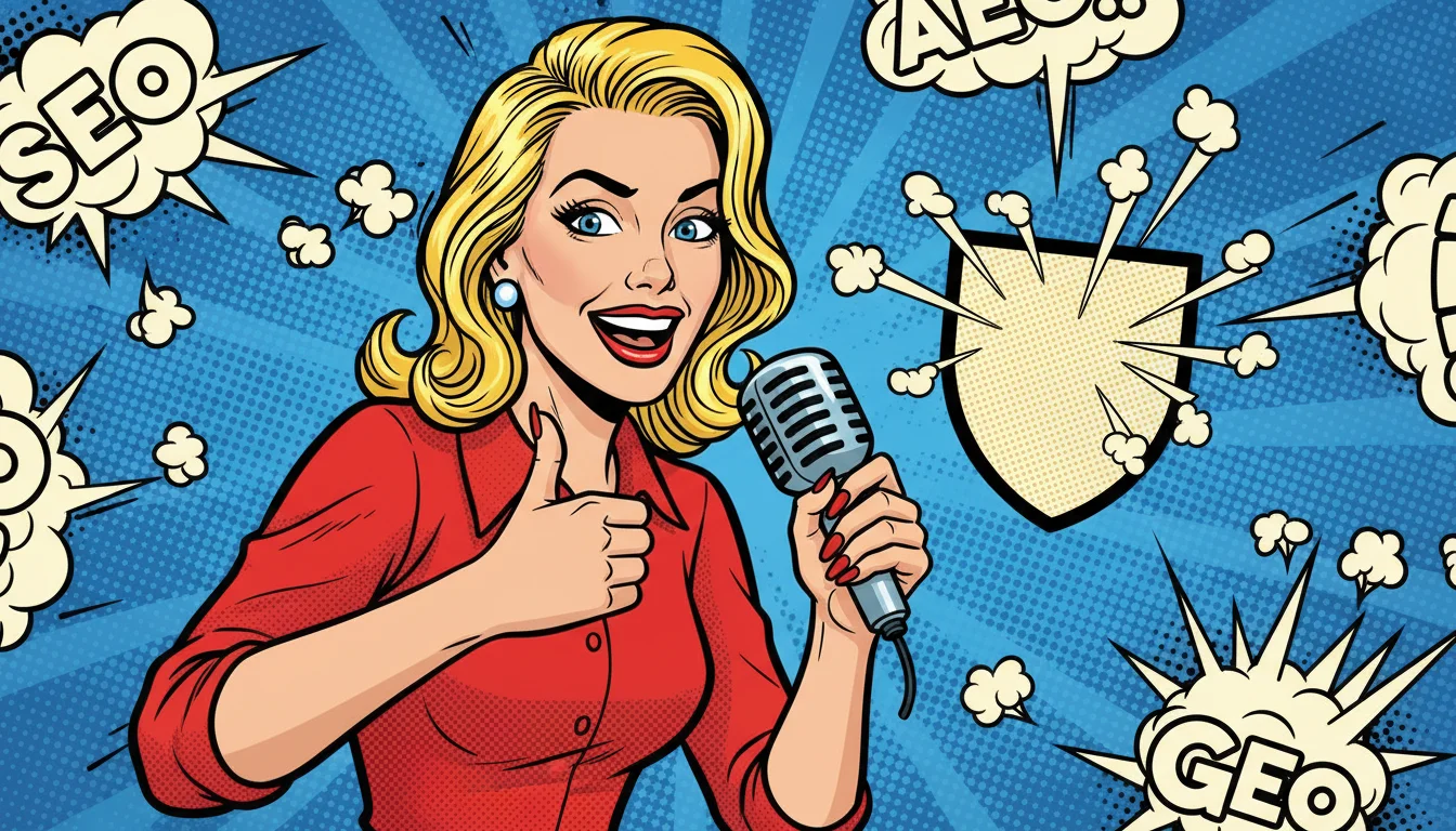 Blonde host chats up Google execs on SEO vs GEO, acronyms flying like confetti in a lively podcast scene.