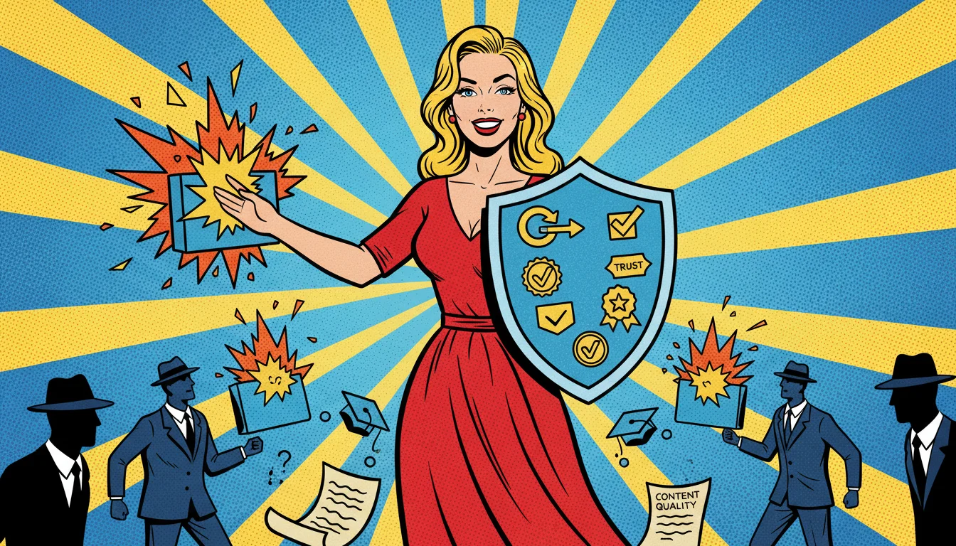 Blonde defender wields SEO shield against pushy GEO upsell agents, guarding real content quality and trust.