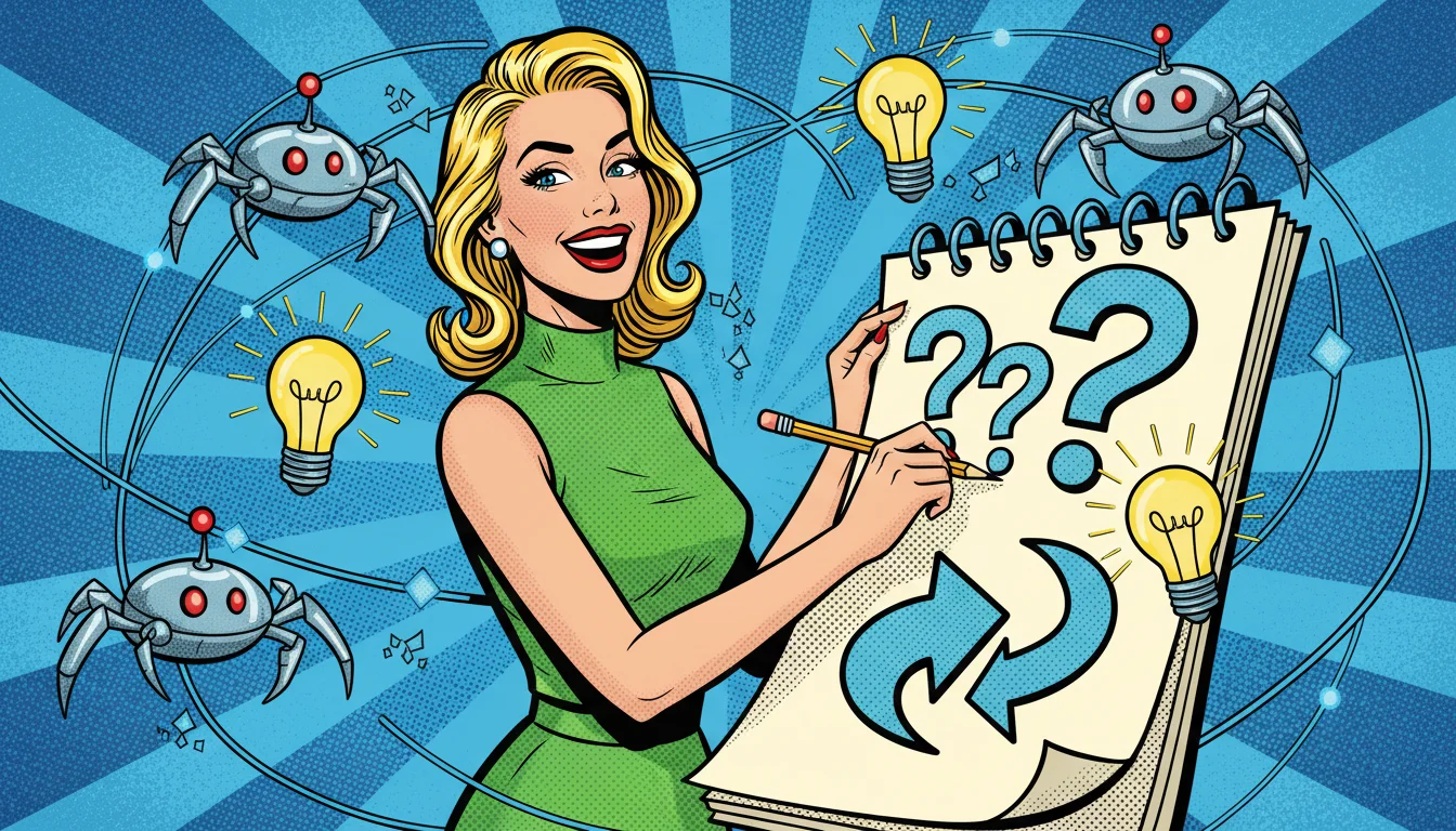 Blonde writer crafts user-focused content as AI crawlers nod along, blending SEO smarts with GEO ease.