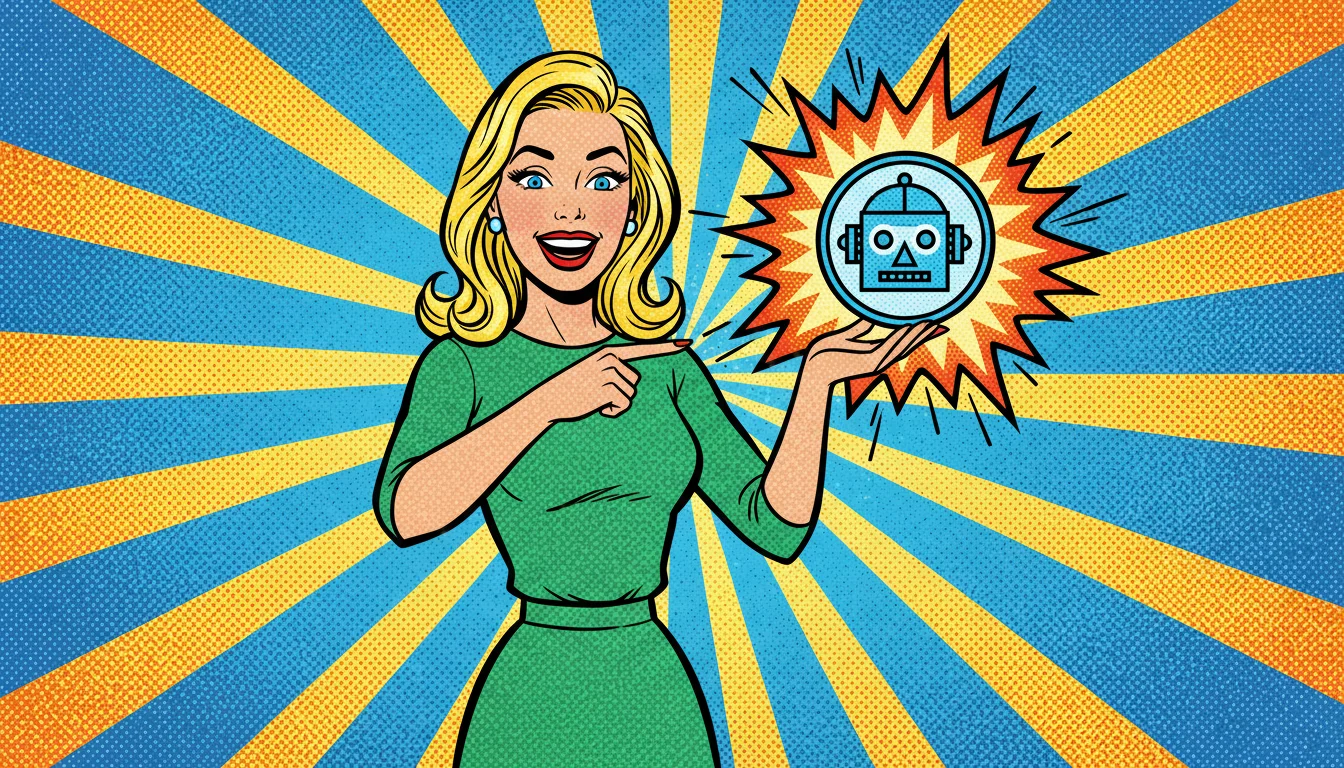 A pop art style woman in a green dress excitedly points at a glowing robot icon, symbolizing AI's growing presence.