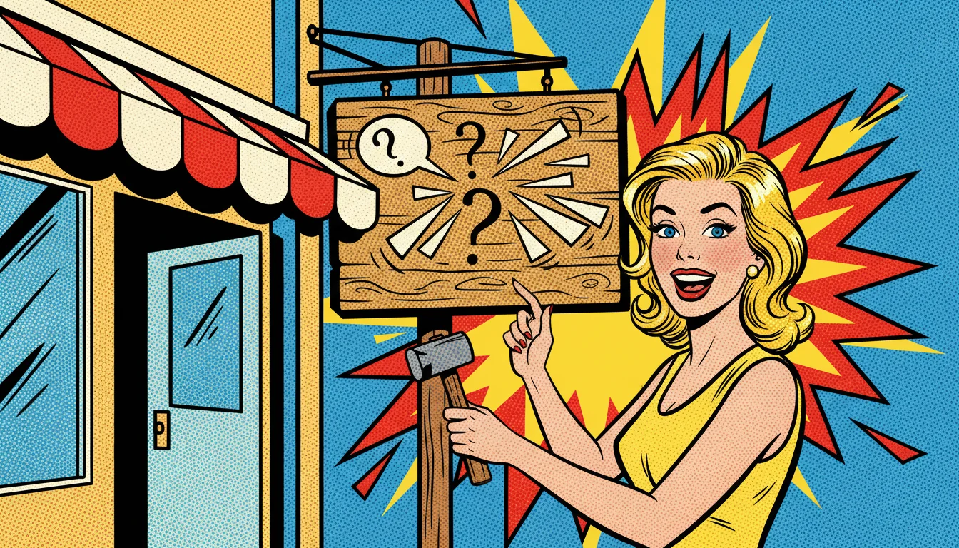 Cheerful blonde hangs conversational AEO sign at coffee shop, making AI love natural language page titles.