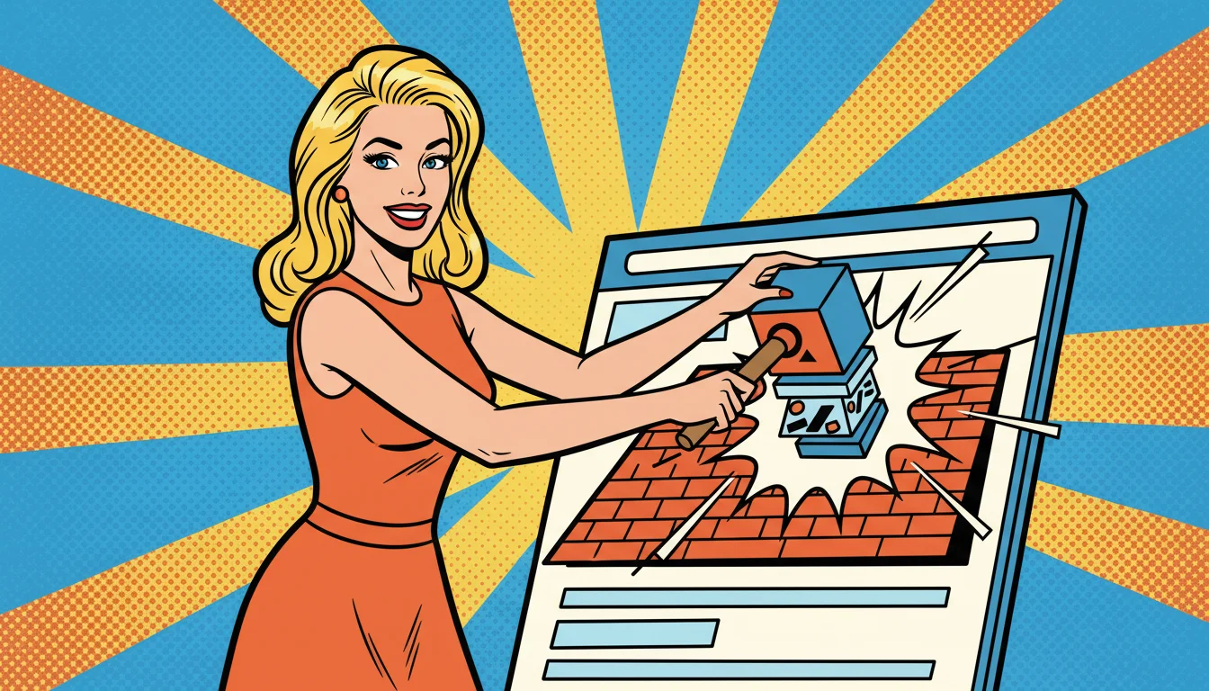 Blonde roofer stamps schema markup on website roof, boosting AEO for roofing businesses effortlessly.