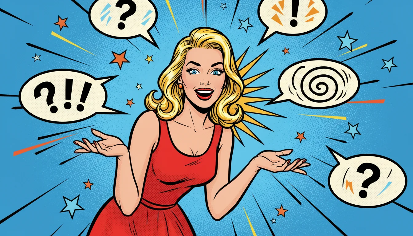 Blonde chatterbox gestures with speech bubbles, showing why conversational AEO titles win for user chats.