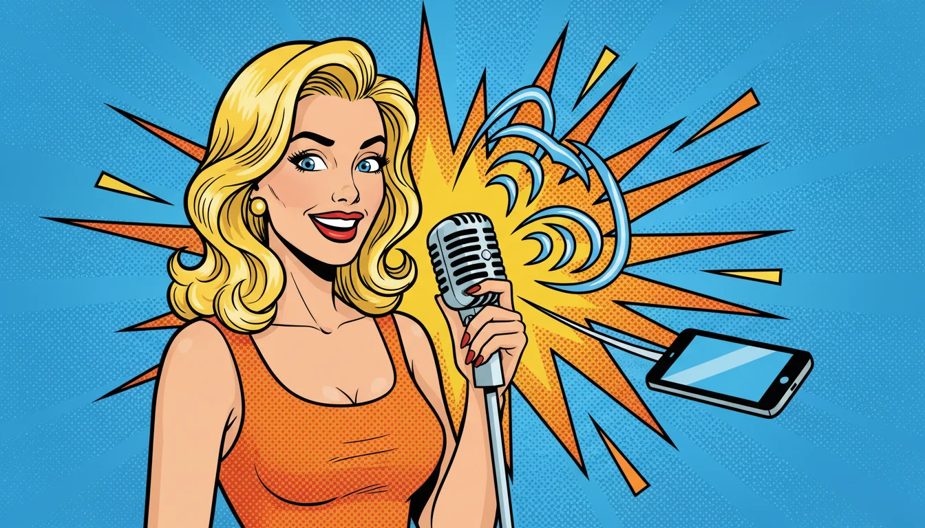 Excited blonde talks into mic for voice search, proving AEO titles shine in AI-powered queries.