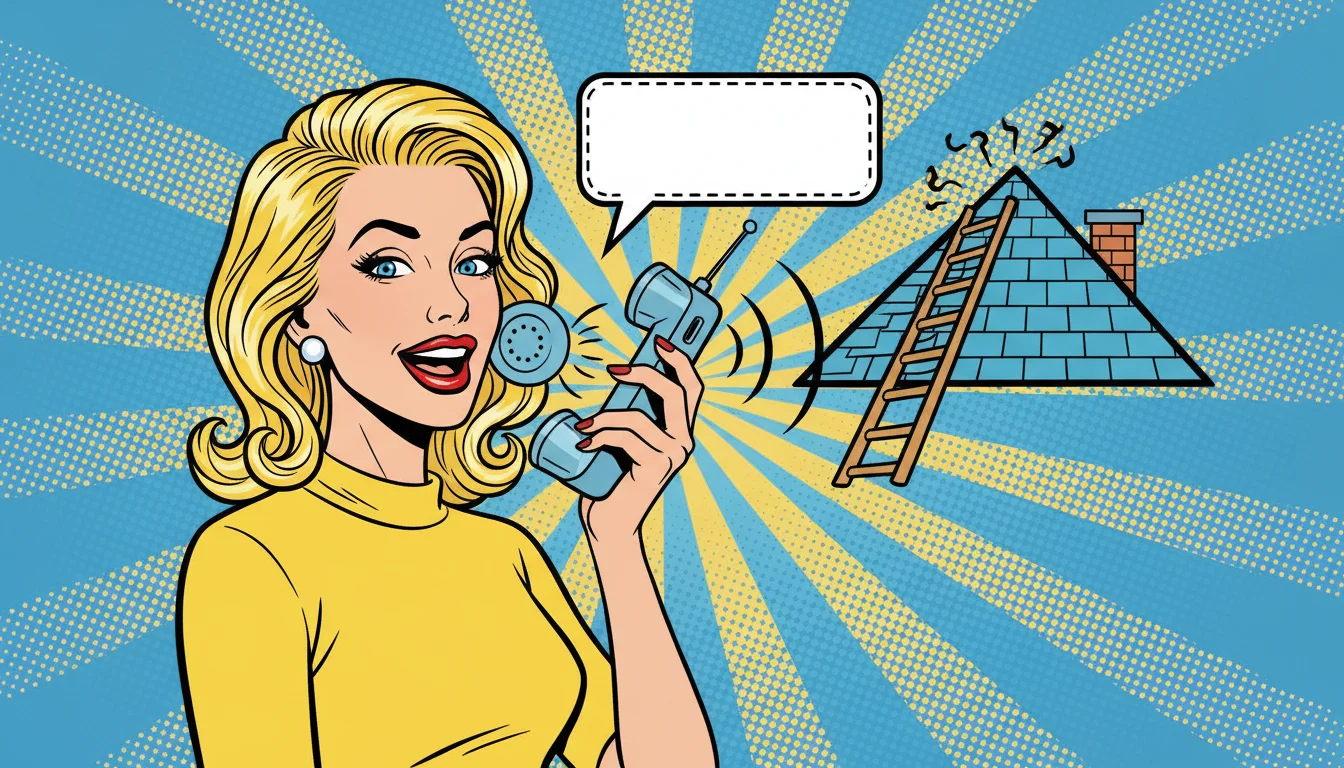 Blonde chats into phone with roofing sound waves, showing voice search power for roofers in 2026.