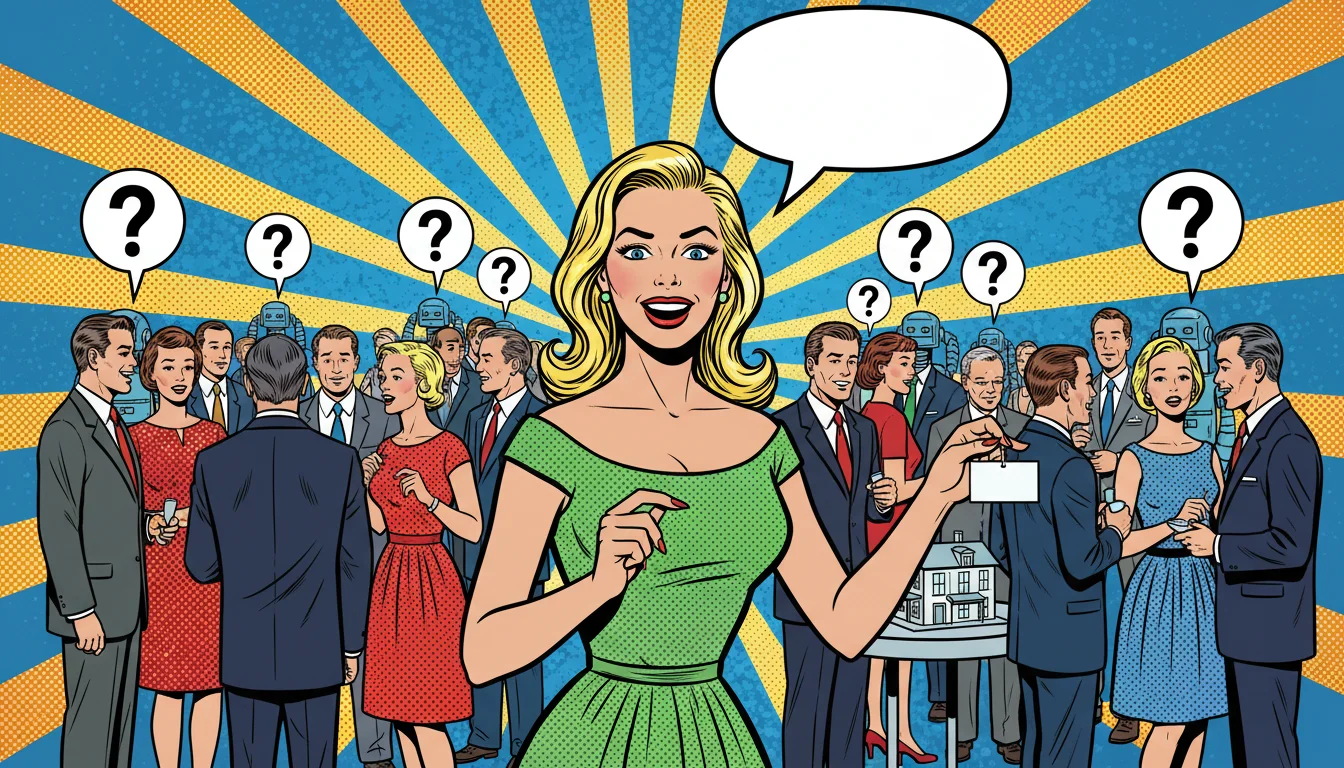 Blonde gal at a party without her nametag, ignored by AI bots—classic AEO fail for Airbnb hosts.