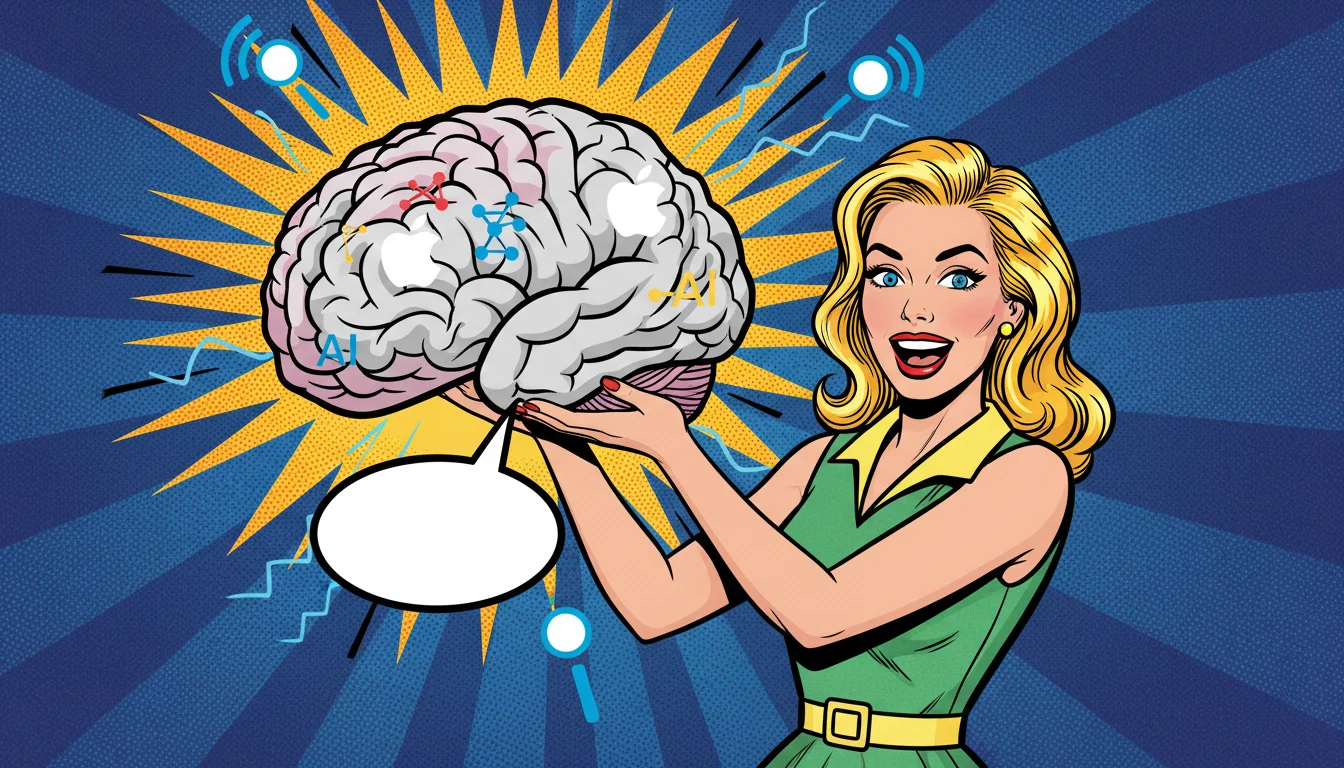 Excited blonde reveals Siri's AI brain boost, perfect for Apple search optimization and voice queries.
