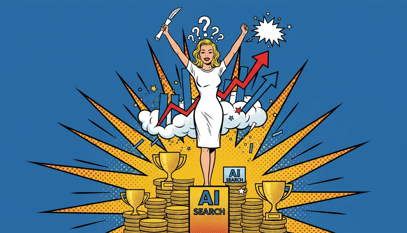 Triumphant blonde claims AEO domination podium with coins, trophies, and rising graphs—top-tier $3K+ glory!